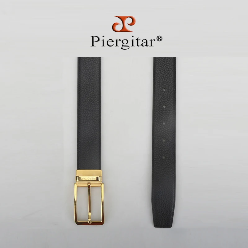Piergitar Black Lychee Pattern Genuine Leather Men's Belt With Luxury Gold Or Sliver Mirror Buckle For Business Formal Occasions