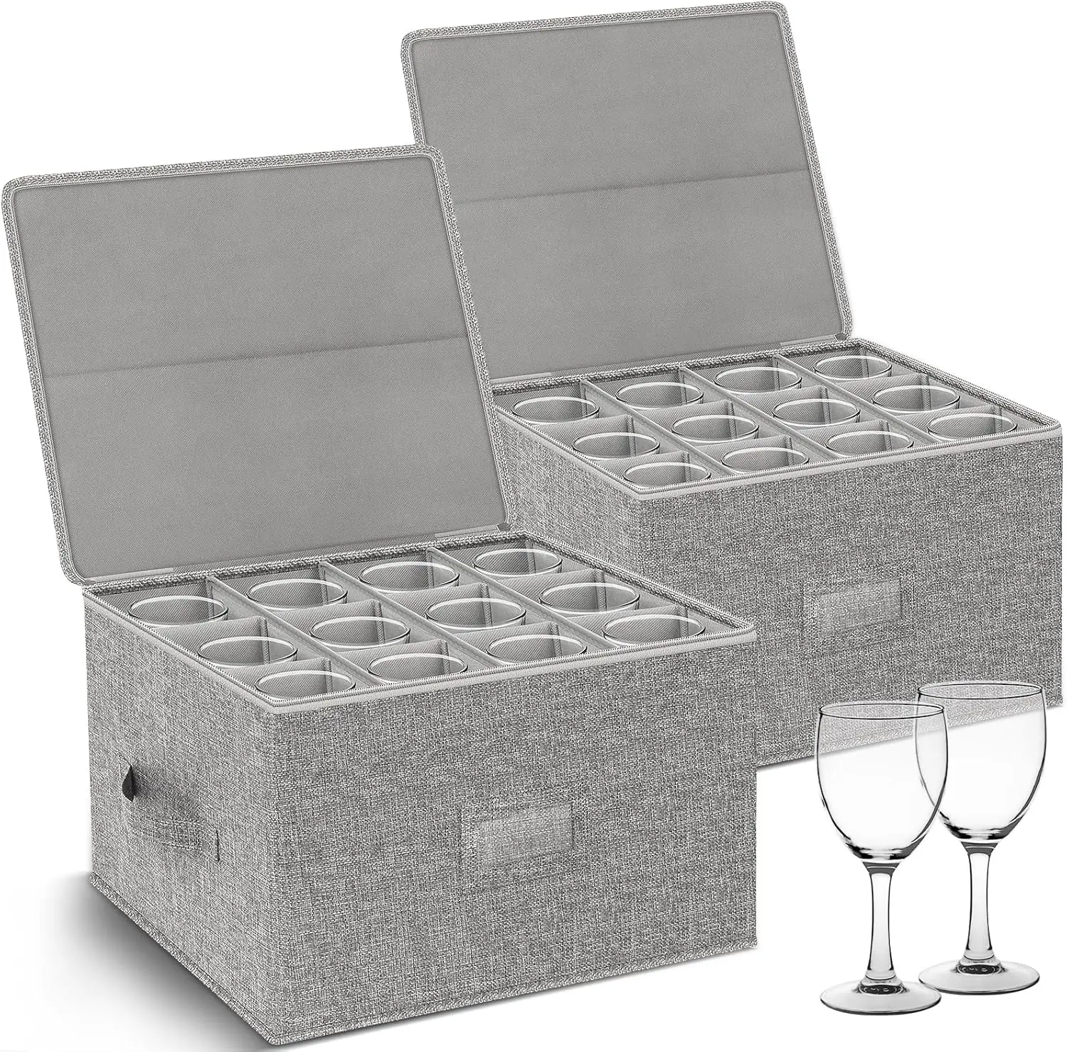 

Wine Glass Storage Box 2-Pack, Stackable Stemware Cases, Hard Shell, Holds 24 Glasses, Grey