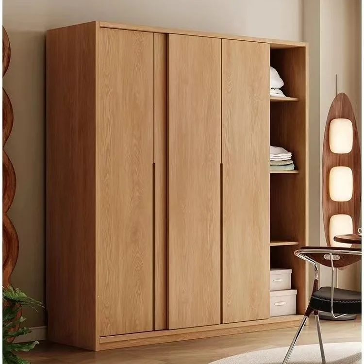 Solid Wood Sliding Door Wardrobe Full Hanging Wardrobe Home Bedroom Two-layer Simple Packaging Wabi Sansan Wind Locker