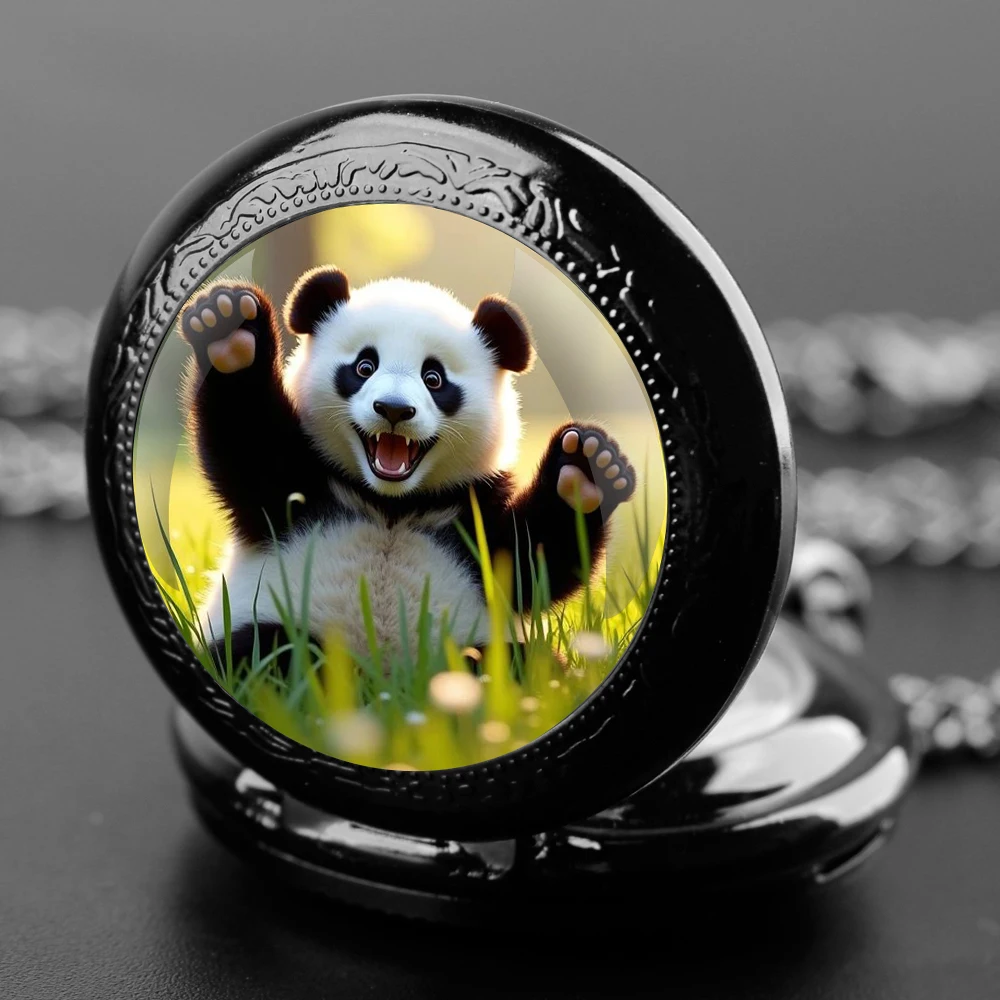 الباندا زجاج قبة ساعة الجيب مع سلسلة قلادة خمر الكوارتز قلادة الساعات الرجال النساء هدية