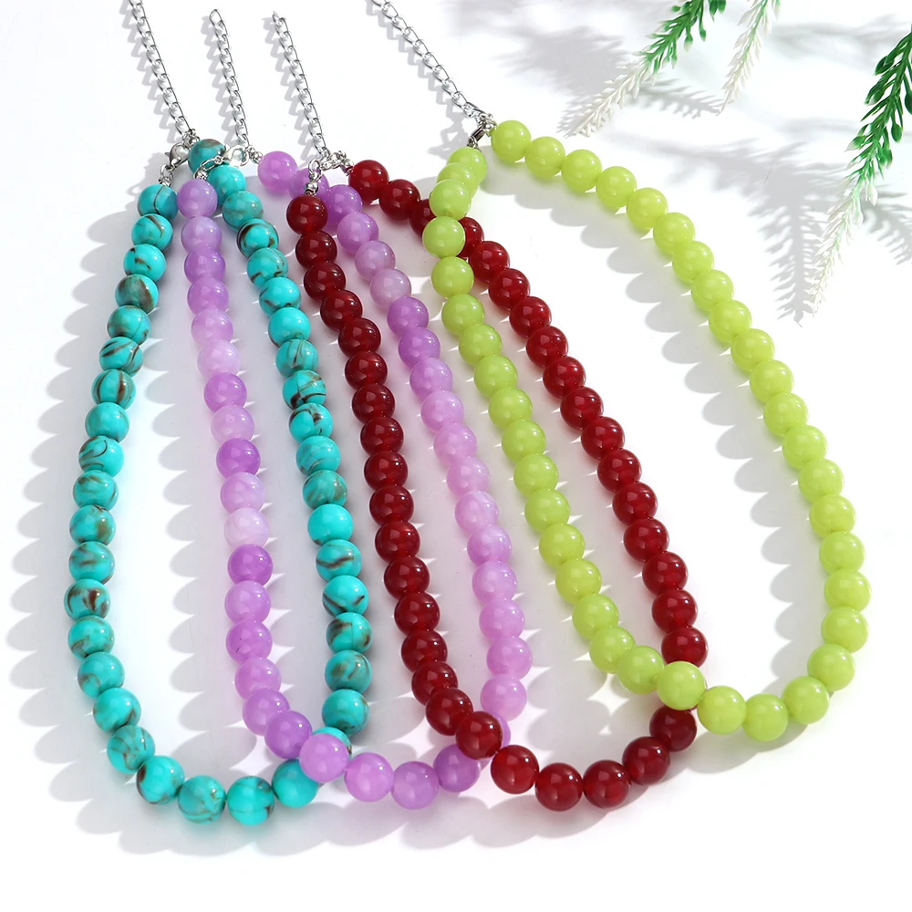 12mm Colorful Round Beads Collar Necklaces Fashion Acrylic Geometric Beaded Necklace Women Jewelry Gifts