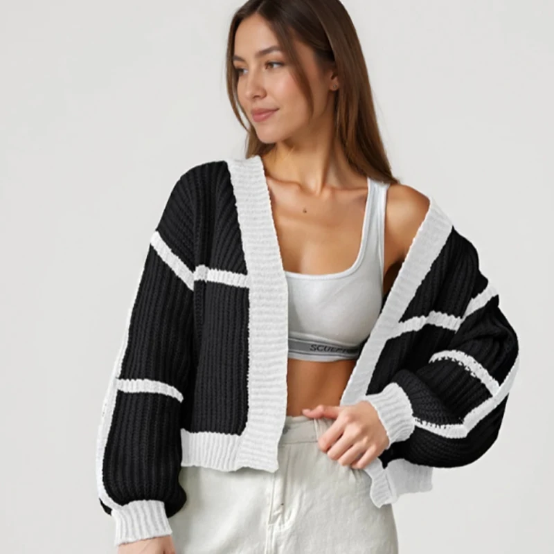 

Fashion Autumn Women Long Sleeve V-neck Short Cardigan Winter Elegant Sweater Casual Striped Knitted Top Street Loose Outwear