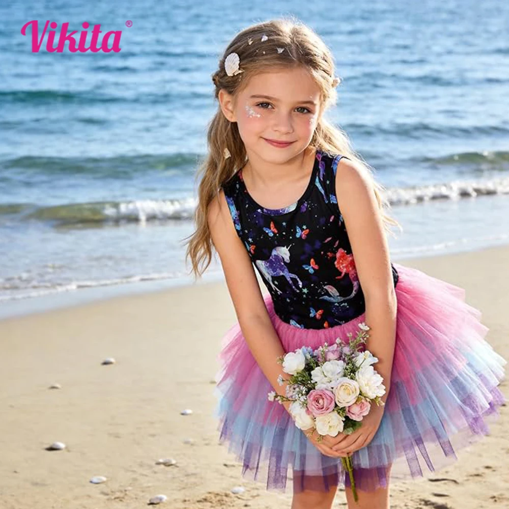 VIKITA Girl Galaxy Unicorn Butterfly Mermaid Print Sleeveless Tutu Dress Kids Ombre Tiered Polyester Princess Party Beach Dress
