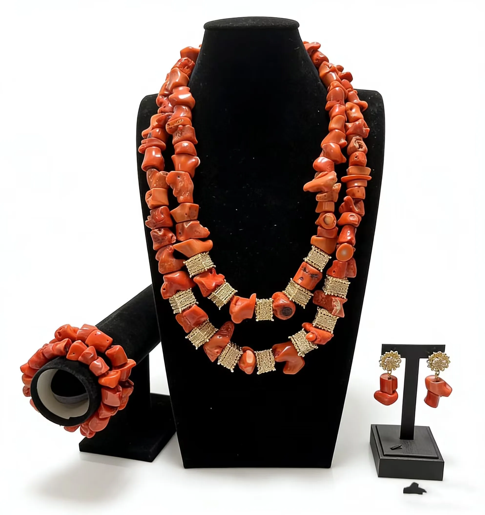 

African Coral Beads 4pcs Jewelry Set For Women Bridal Wedding Necklace Earrings Ring Bracelet Traditional Ethnic Gift