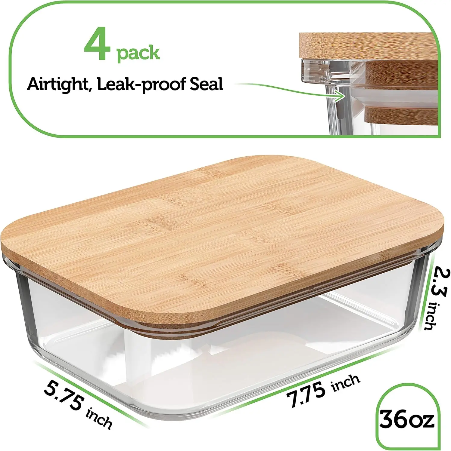 Glass Food Storage Containers with Bamboo Lids (4 Pack, 36 Ounce) Eco Friendly Meal Prep Containers Airtight – Plastic Free,