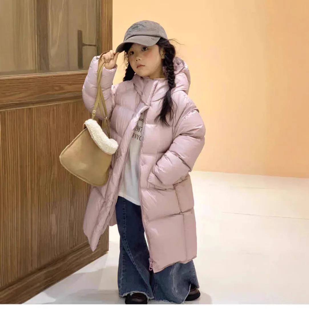 -30 ℃   سترة شتوية للفتيات المراهقات بتصميم جديد طويل بلون سادة وسميكة ودافئة مع قلنسوة من القطن للأسفل سترة عصرية للأطفال من سن 5 إلى 14 سنة