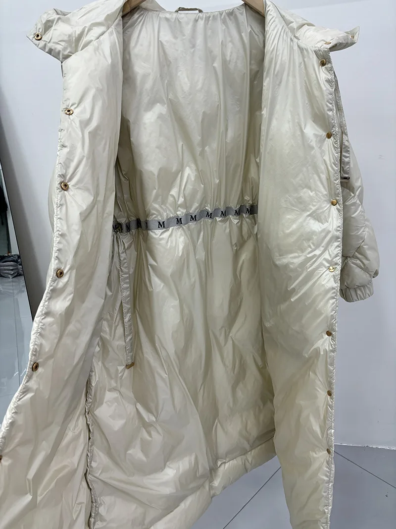Schinteon Women White Duck Down X-Long Jacket Autumn Winter Warm Office Lady Outwear with Hood Belt Argyle Fashionable Coat 2025