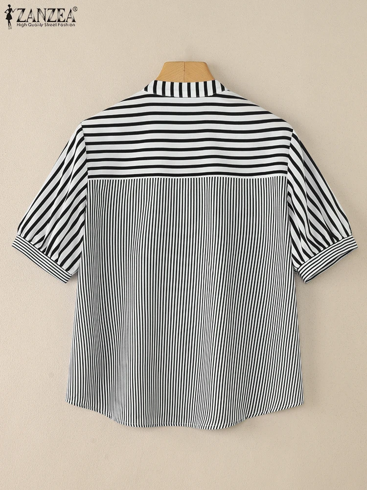 بلوزة نسائية صيفية للعمل OL 2025 قميص مخطط للمكتب من ZANZEA قمصان عصرية بأكمام قصيرة وأزرار وياقة ثابتة بلوزات نسائية