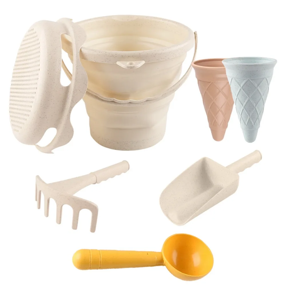 6PCS Multicolor Beach Toy Set Plastic Shovel and Rake Sand Bucket Toy Kit Collapsible Bucket Thicked Sand Play Set Beach Play