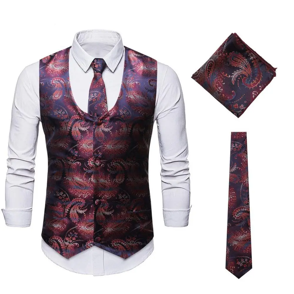 

Mens Classic 3pc Jacquard Paisley Vest Set Necktie Pocket Square Waistcoat Men Wedding Tuxedo Suit Vest Men Gilet Homme Costume