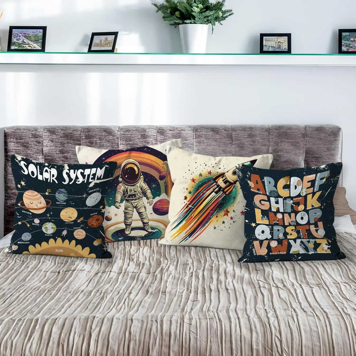 4Pcs Solar System Throw Pillow Covers Vintage Space Themed Cushion Cases with Astronaut Rocket Planets for Kids Bedroom Home