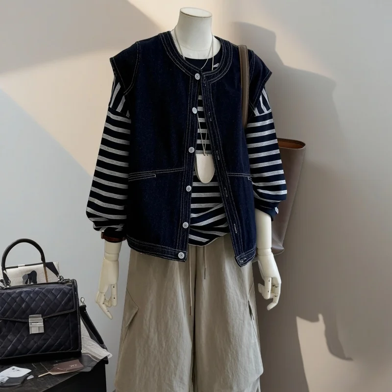 

Джинсовый кардиган-жакет женский осенний, прямого кроя, с высокой талией, в корейском стиле, с длинными рукавами, круглым вырезом, для многослойных образов