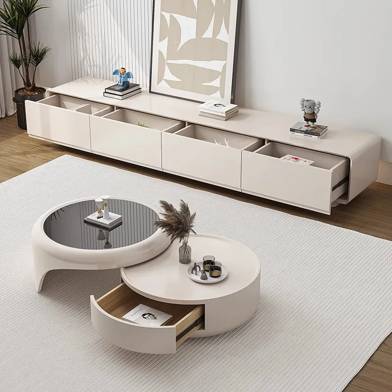 Luxury Nordic Modern Round Wood Coffee Table Expandable Drawers Living Room Multifunction Glass Furniture Design Decor Latest