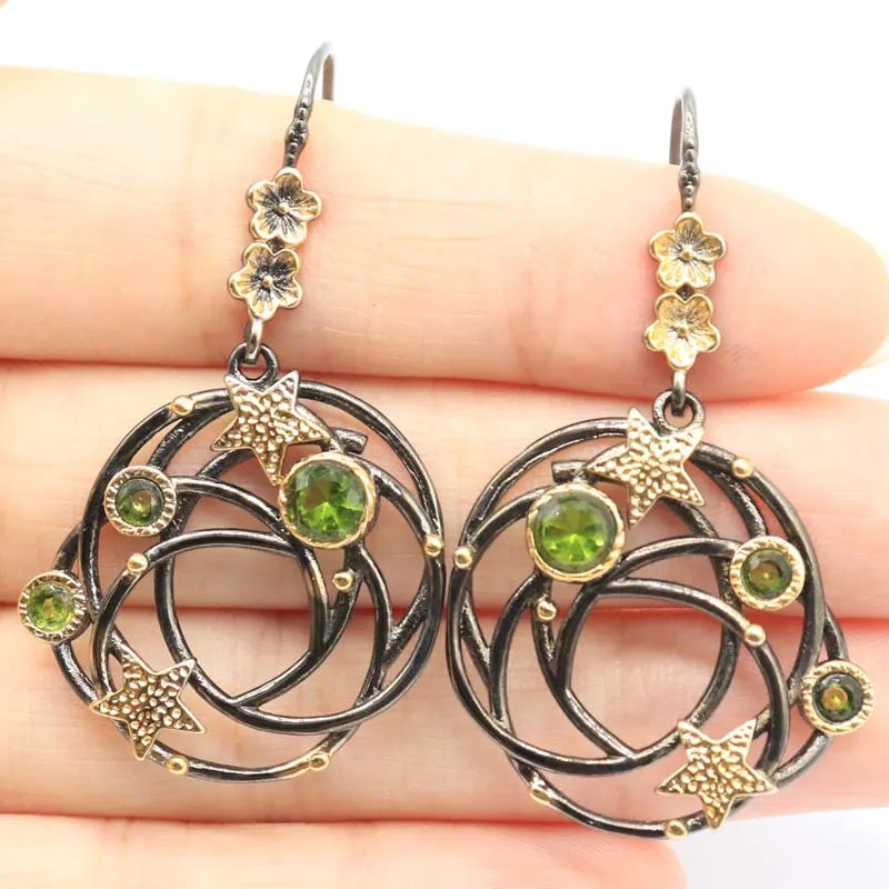 Buy 4 Get 1 Free 42x28mm Sublime Antique Green Peridot Rich Blue Aquamarine Pink Tourmaline BLACK GOLD SILVER Earrings