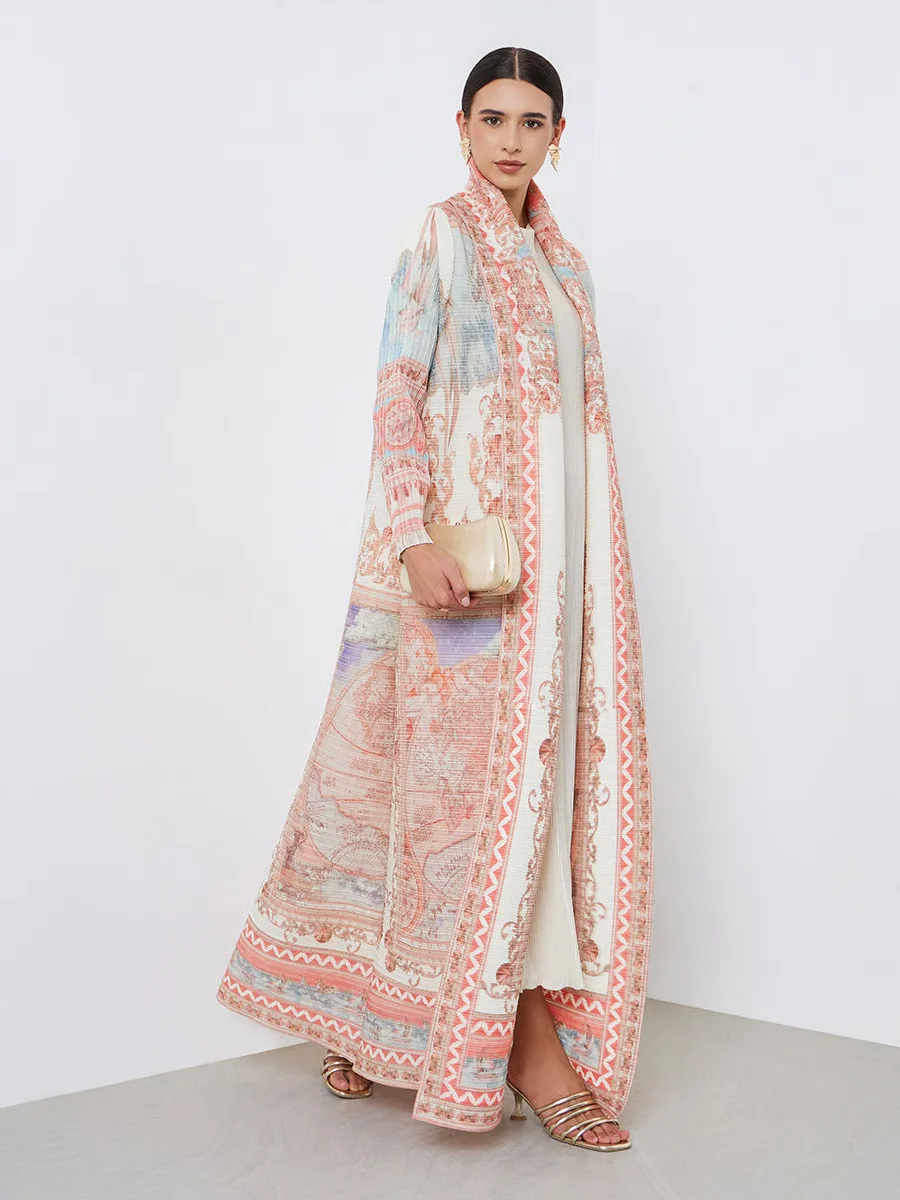GGHK Women Abaya Retro Printed Cardigan with Lace Up Design Loose Plus Size Luxurious Long Coat 2026 New Female Holiday Clothing