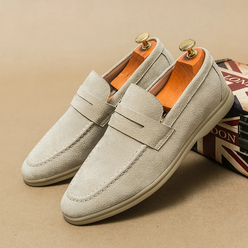 Nubuck 남성용 캐주얼 스웨이드 가죽 비즈니스 신발, 레저 워킹 로퍼, 운전 디자이너 원피스 플랫, 모카신 슬립온
