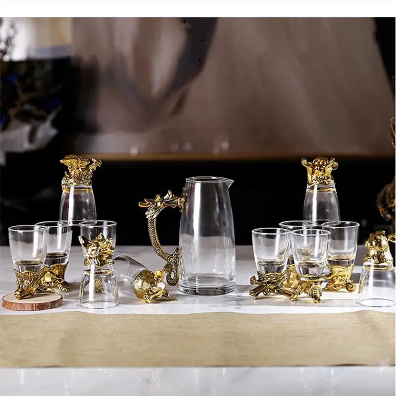 Chinese Zodiac Wine Glass Set Metal Barware Shot Flagon Dispenser Drinkware Exquisite Gift Box