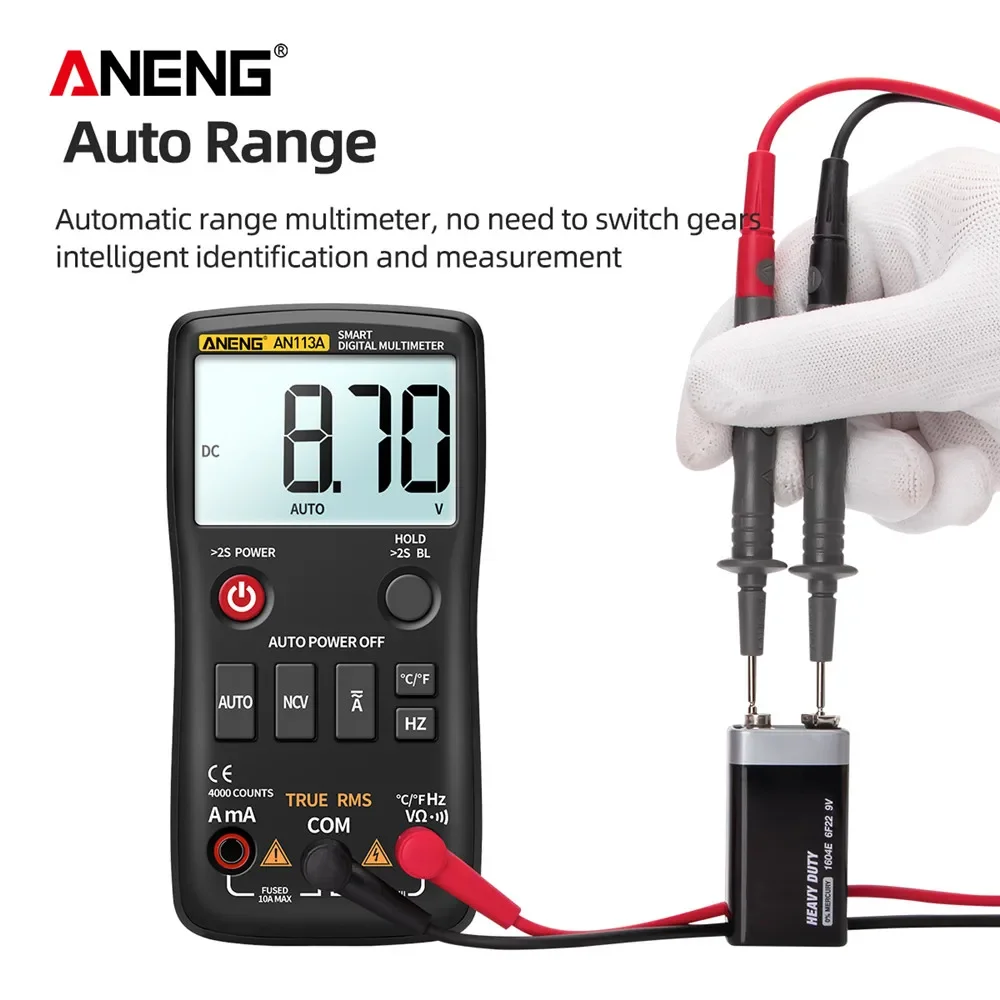 ANENG AN113A Digital Multimeter Smart Auto Range 4000 Counts True RMS AC/DC Voltage Temperature Ohm Hz Transistor Tester Meter