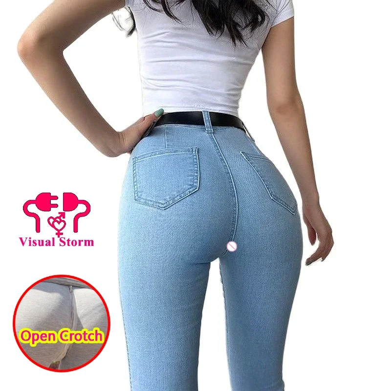 Woman Open Crotch Pants Three Zipper Sexy Jeans Crotchless Invisable Skinny Outdoor Sex Couple Costume Fashion Sexy Panties