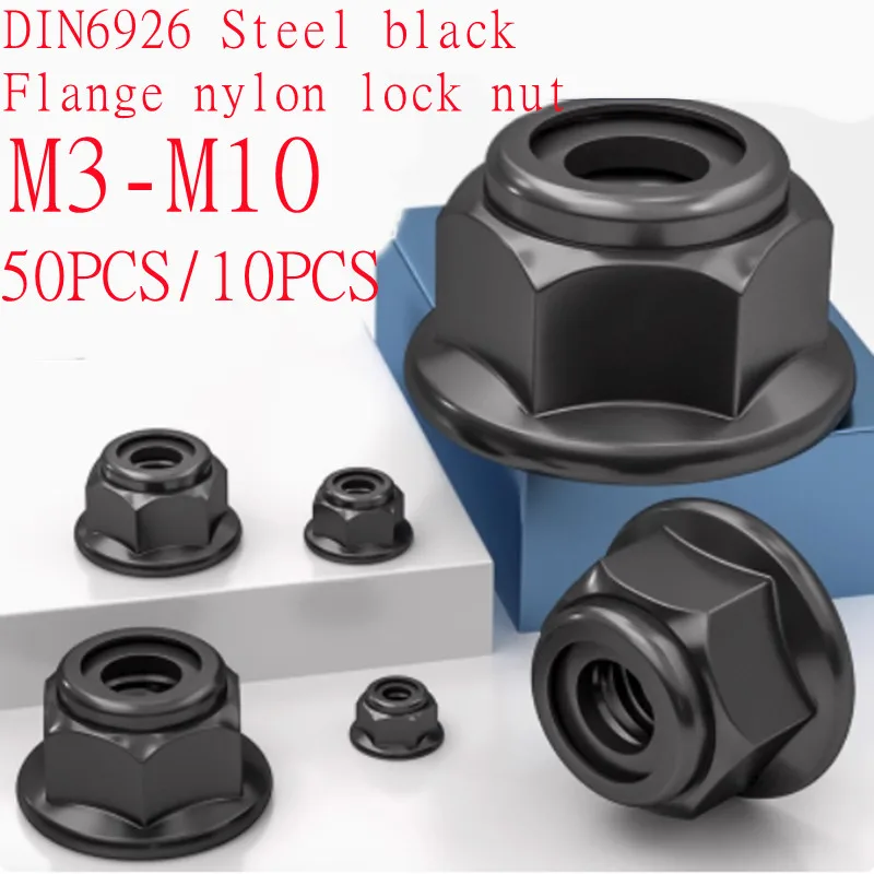 5 uds-50 Uds DIN6926 tuerca de seguridad de nailon con brida negra M3 M4 M5 M6 M8 M10 M12 acero con tuercas de seguridad de inserción de zinc negro