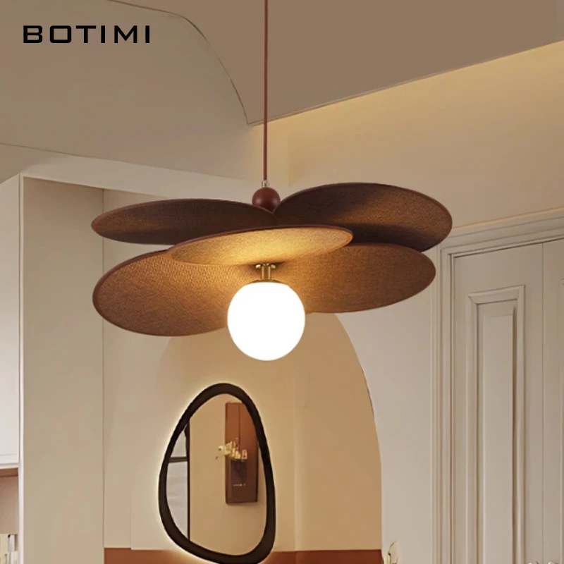 BOTIMI Raffia Pendant Lights With White Ball Glass Lampshade For Dining Room Restaurant Hanging Lamp Single Island Lighting