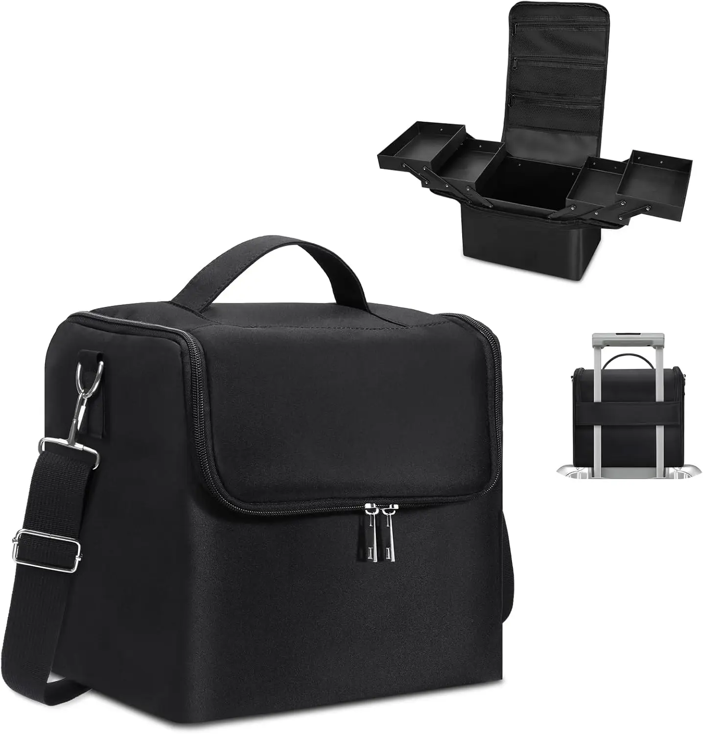 

Large 4-Tier Makeup Train Case, Black Travel Organizer with Adjustable Dividers for Cosmetics, Jewelry, Nail Tools