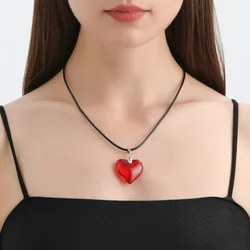 Red Big Heart Necklace for Women Simple Red Heart Pendant Glass Crystal Necklace Black Leather Rope Chain Jewelry Friends Gift