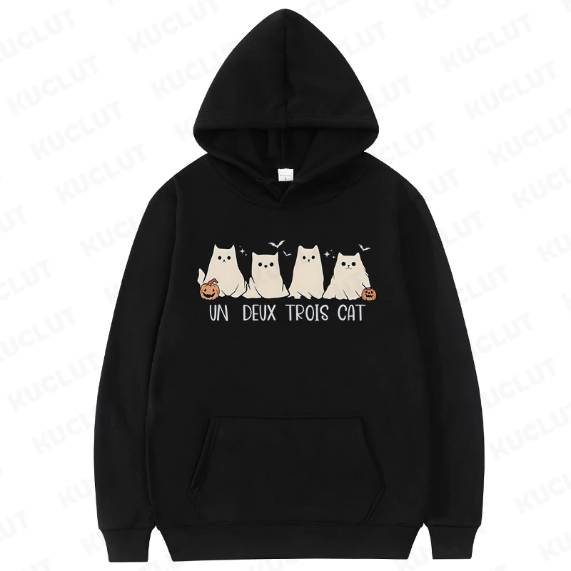 Spooky Bluzy z kapturem Boo Cat Halloween Bluzy damskie Un Deux Trois Y2k Odzież Miłośnik kotów Casualowy długi rękaw Pullover Odzież wierzchnia