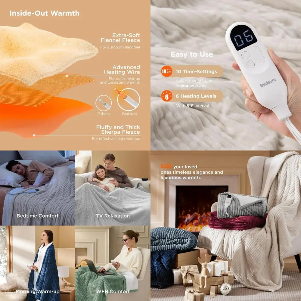 

Двойное электрическое одеяло размером с 10 вариантами таймера, 6 уровней нагрева и автоматическим выключением на 8 часов для уютных ночей (кремовый, 62x84)