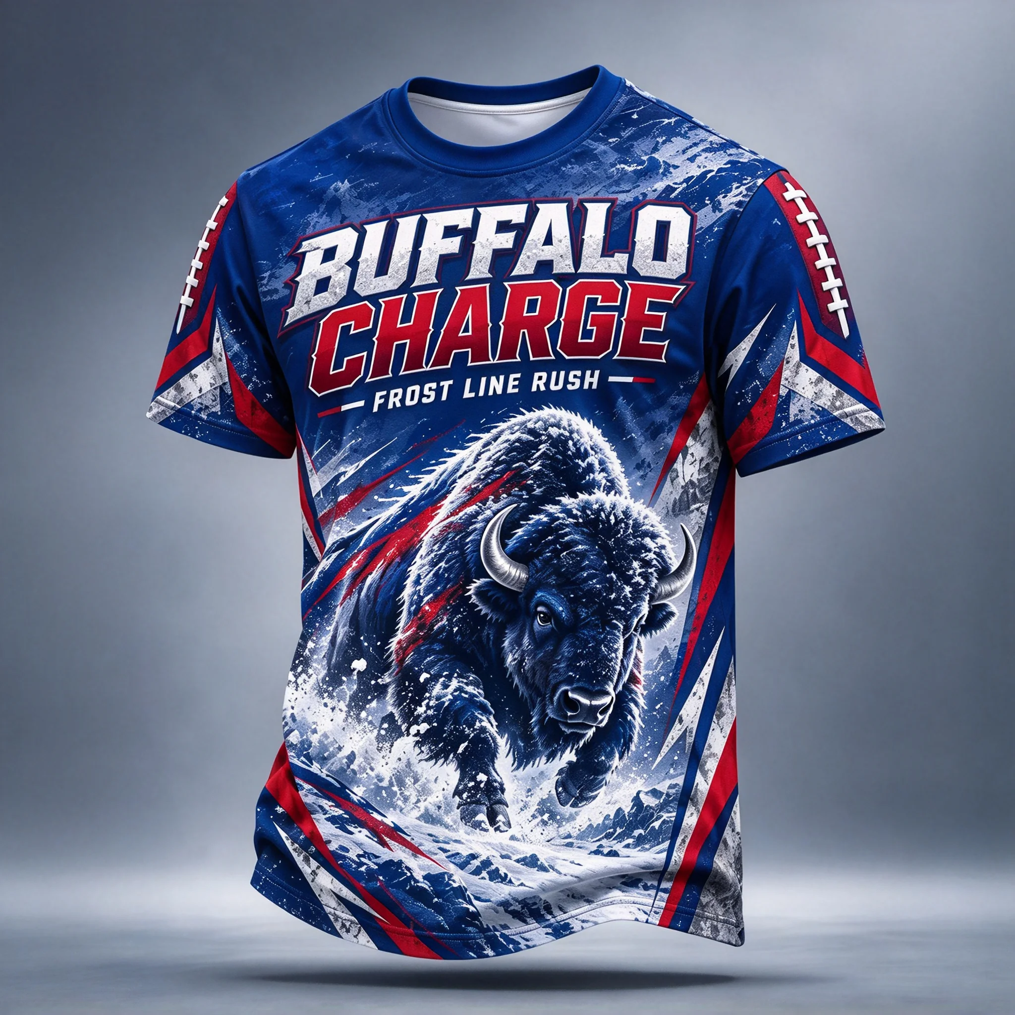 Wild Snow Mountain Bison Men Fan Short Sleeve T‑Shirt Bold Letter Geometric Angle Decor Football Sports Casual Tee Multi‑Color