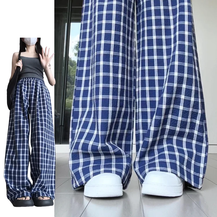 Pantaloni larghi larghi scozzesi retrò bianchi blu Pantaloni estivi da donna sottili nuovi Sle Pantaloni casual a gamba dritta Pantaloni lunghi a vita alta