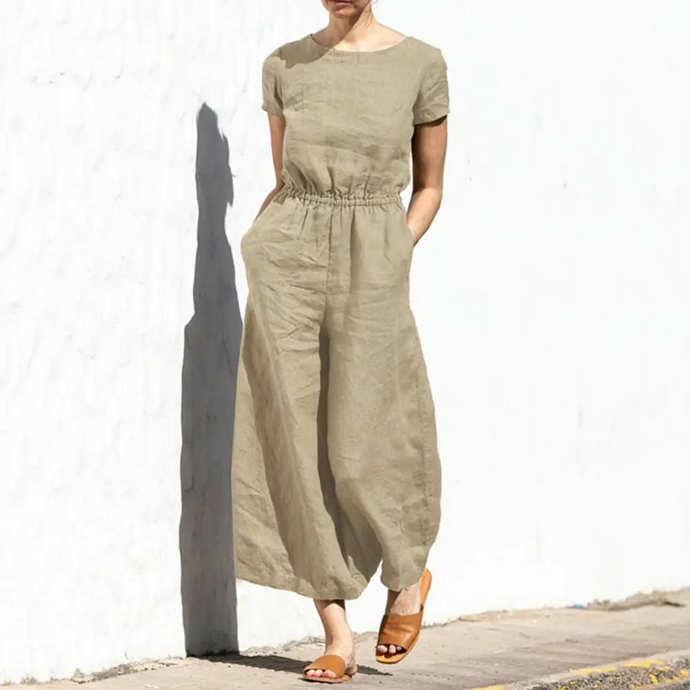 

2024 Cotton Linen Jumpsuit Women Solid Color Sleeveless Pocket High Waist Wide Legs Jumpsuits Casual Commuting Ladies Bodysuits