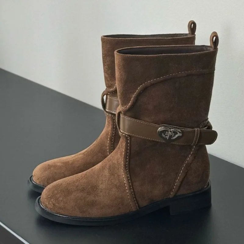 

Autumn Retro Chunky Heels Ankle Boots for Women Fashion Belt Buckle Design Cowboy Boot Round Toe Comfortable Woman Shoes