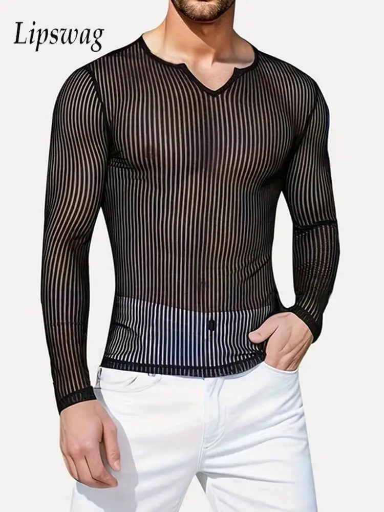 Fashion Long Sleeve V Neck Mesh Tops Mens Sexy Hollow Out See Through T Shirts 2025 Spring Trendy Solid Color Men Mesh T-shirt