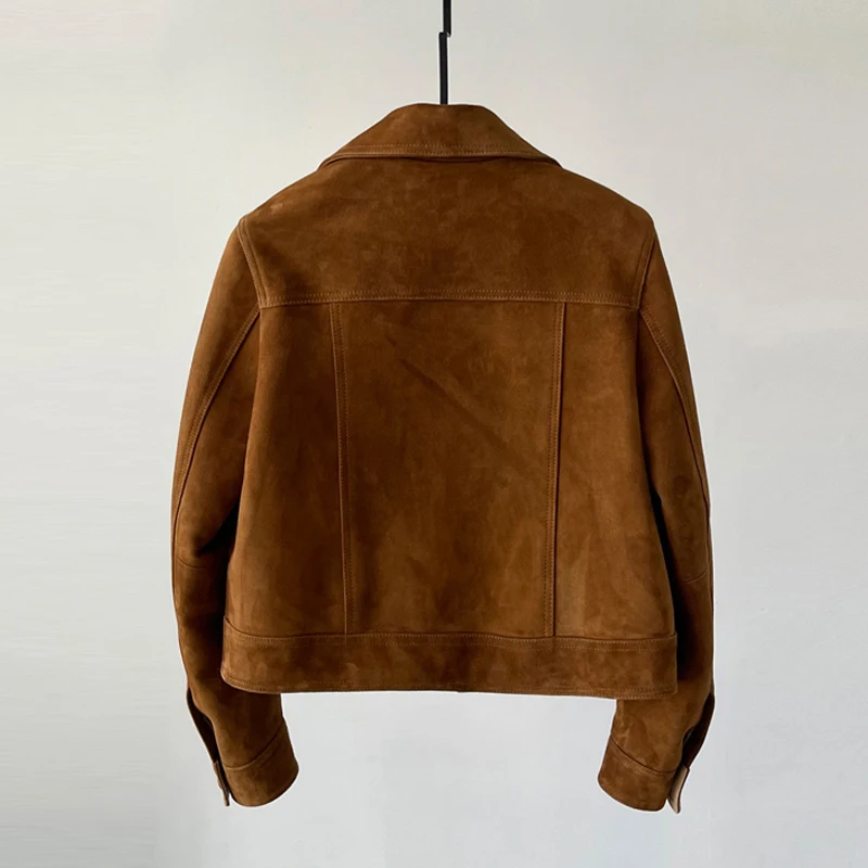 Giacca da donna in vera pelle di capra importata Giacca casual corta in pelle scamosciata monopetto femminile retrò marrone/caffè Cappotti di pelle di pecora Top