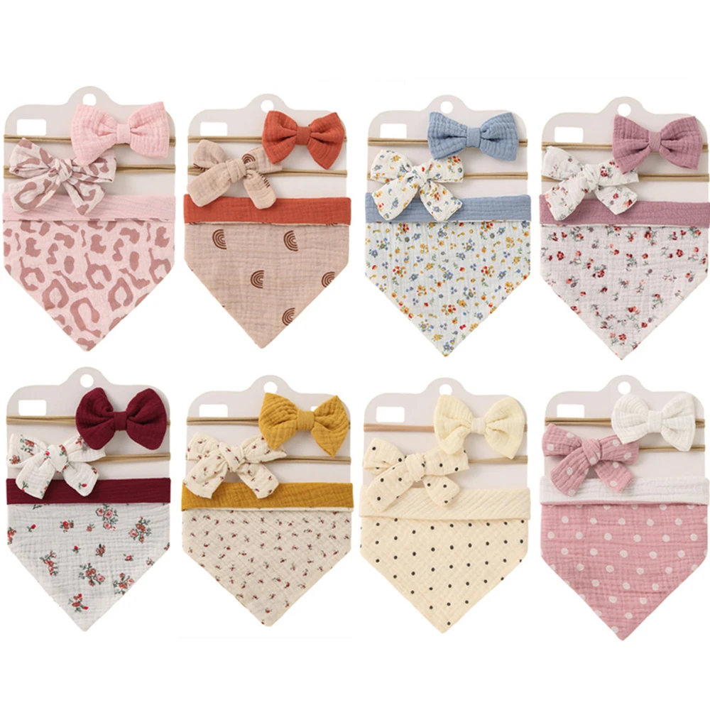 3Pcs/Set Muslin Cotton Baby Bib Newborn Bows Headband Triangle Print Saliva Towel Infant Boy Girl Feeding Burp Cloth Shower Gift