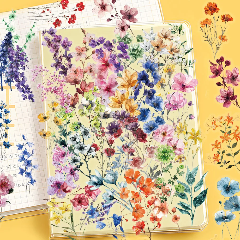50PCS Color Ink Flower Sticker Pack Waterproof Transparent PET Brochure Flower Material Decorative Notebook Waterproof Stickers
