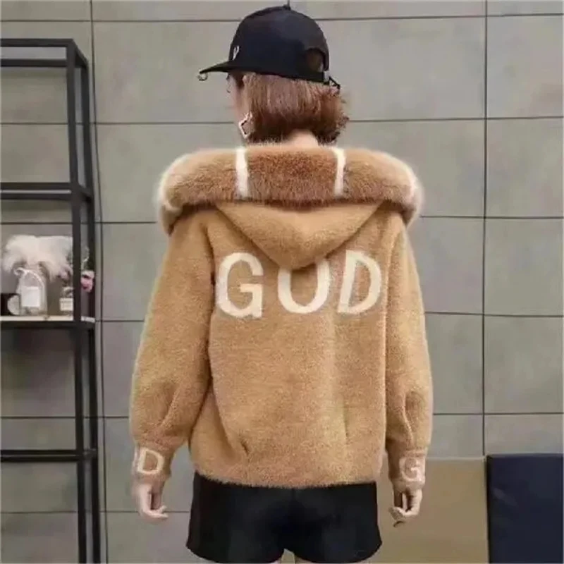 

Winter Mink Cashmere Sweater Cardigan Women Fashion Letter Coats Female Short Thick Overcoat New Loose Hooded Fur Collar CJoat