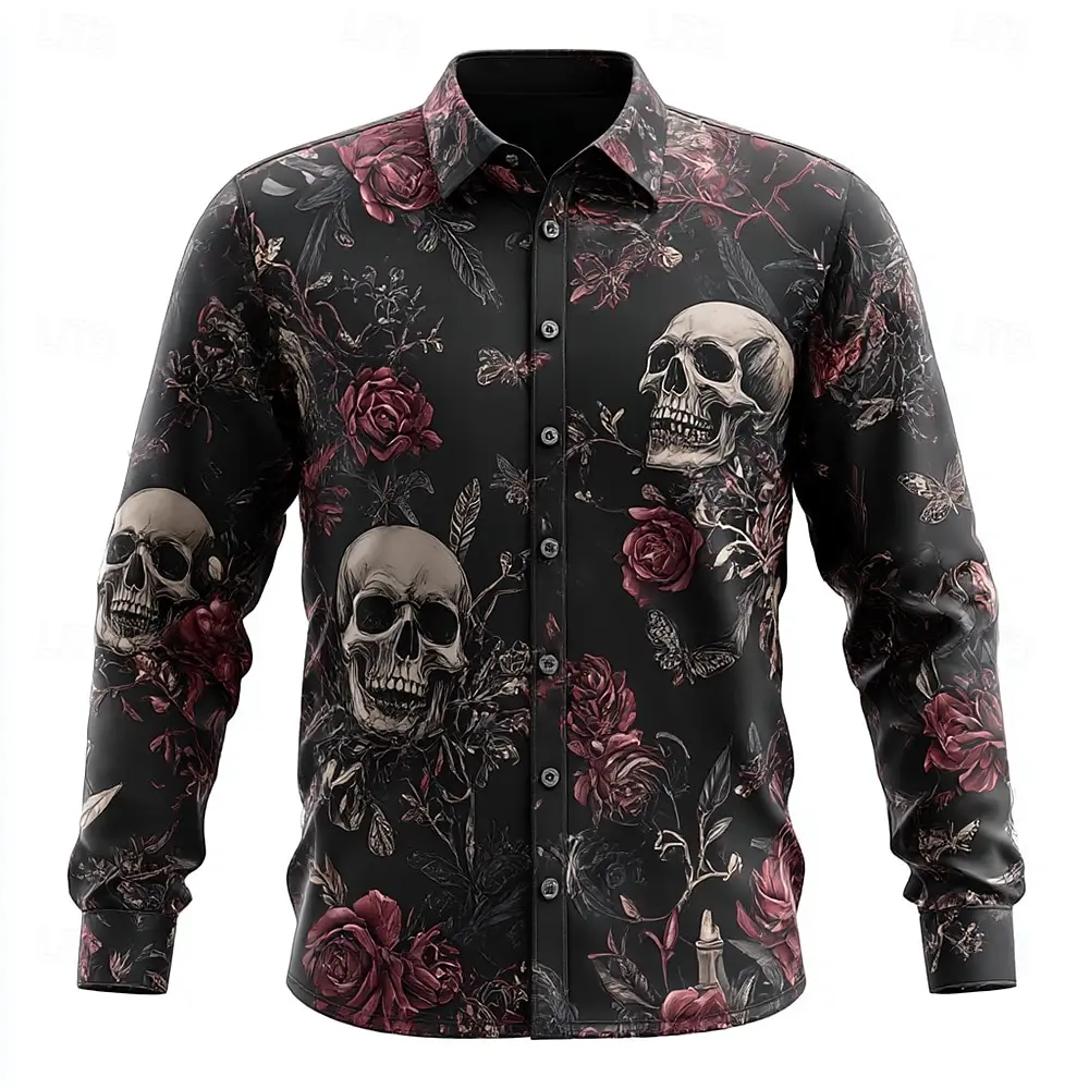 2026 Halloween Men's Floral Skulls Shirt Button Up Long Sleeve Dark Gothic Style Streetwear Holiday Autumn Top Men Clothes