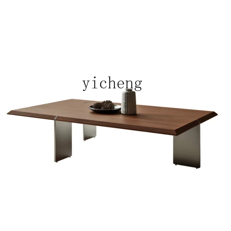 

ZK Living Room Tea Table Stickers Walnut Leather Surface Minimalist Small Apartment Stainless Steel Base