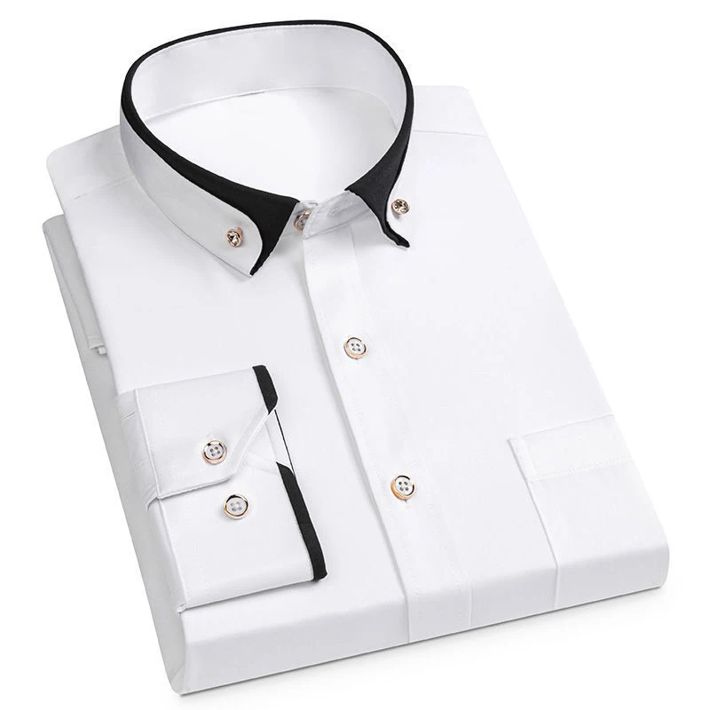 Long-sleeved shirt men\'s double collar elastic business casual Slim solid color breathable