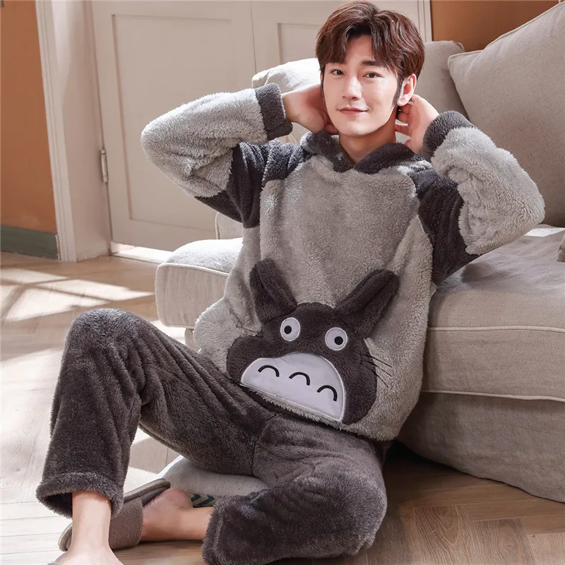 Warm Cute Fleece Pajamas For Men Thick Plush Pajama Sets Winter Male Sleepwear Coral Velvet Flannel Clothes Home Suit Пижама