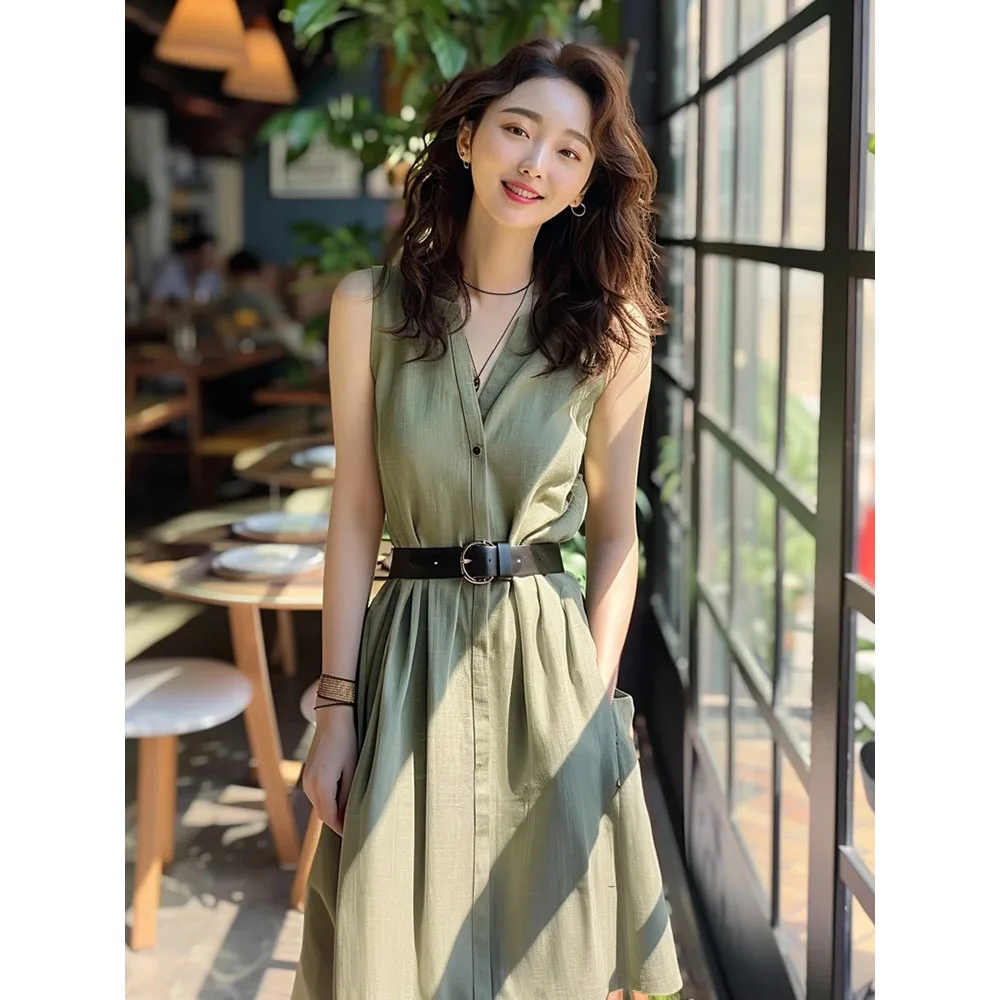 レディースミリタリーグリーンドレス 2025 夏新ライト高級ハイエンド A ラインベルトドレス薄型人気のノースリーブサスペンダー Vestidos