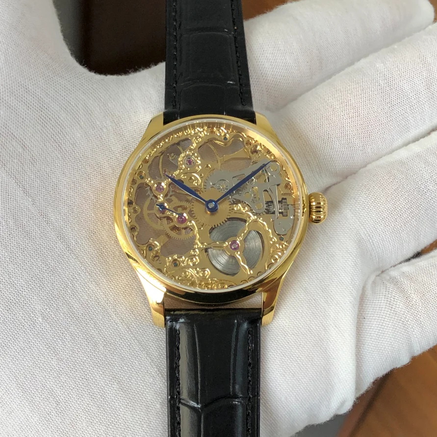 41mm GEERVO No Logo Golden St3600SK Skeleton Manual Winding Movement 21,600 Dph Blue Hands Men's Pilot Watch GR0923-26A