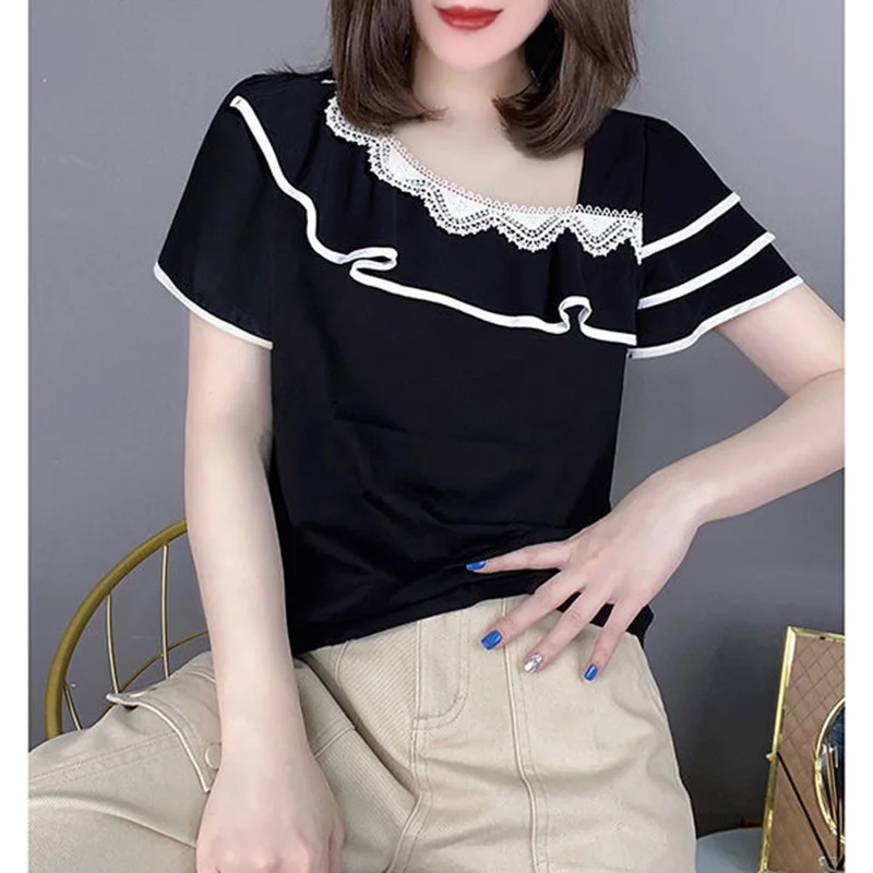 Stylish Skew Collar Spliced Loose Ruffles Blouse Women's Clothing 2023 Summer New Oversized Casual Pullovers Office Lady Shirt