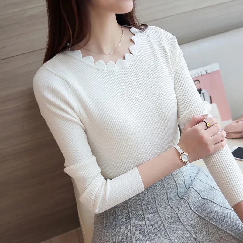 

Lucyever 2021 New Spring Women Sweater Pullover Solid Slim Fit Long Sleeve Knitted Sweaters Woman Fashion Lace Collar Knitwear