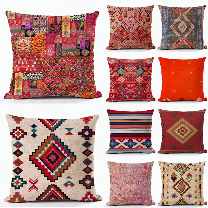 

Bohemian Throw Pillows Case 45*45cm Ethnic Pillowcase red series Bedroom Sofa Cushion Cover Peach Skin Throw Pillow Cover