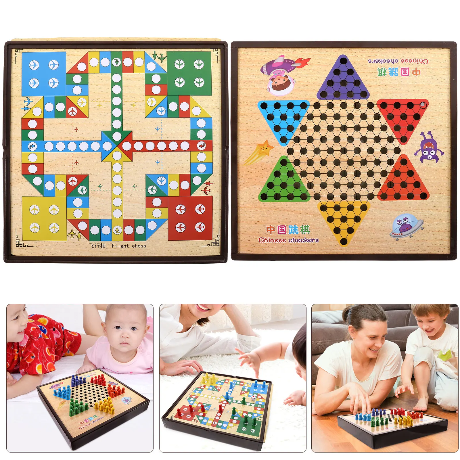 

1Set Multifunctional Wooden Flying Chess Board Game Educational Chess Game for Kids Adults Portable