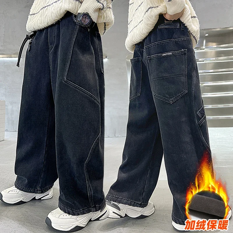 بنطلون NewBoys مبطن بالصوف لخريف وشتاء 2025 جينز سميك جديد للأطفال 4-15 سنة #6