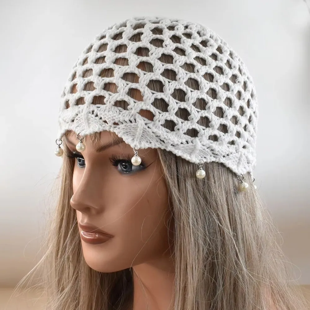 Hollow Out Crochet Knitted Hat Beads Tassels Decorative Design Mesh Knitted Hat Handmade Charm Adjustable Hollow Knit Cap